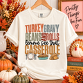 Ivory Comfort Colors tee with Turkey Gravy Beans and Rolls lettering, a plate, pie, and roast turkey