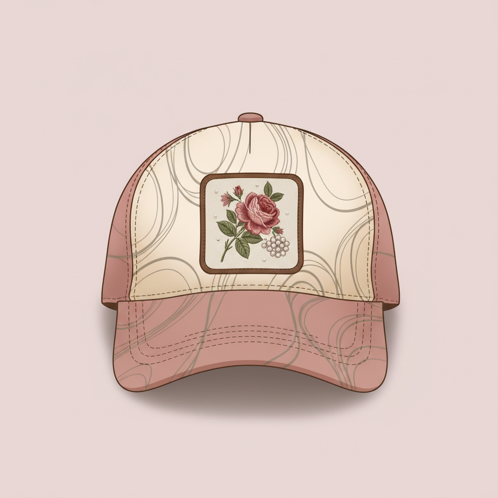 Illustrated boutique trucker hat with one floral feature patch