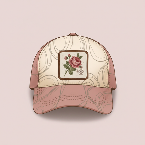 Illustrated boutique trucker hat with one floral feature patch