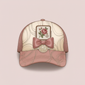 Illustrated boutique trucker hat with two to three layered feature patches