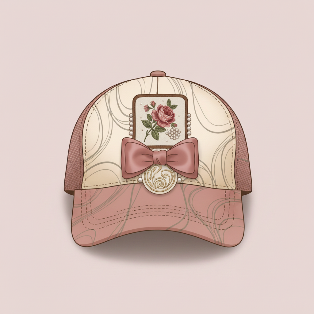 Illustrated boutique trucker hat with two to three layered feature patches