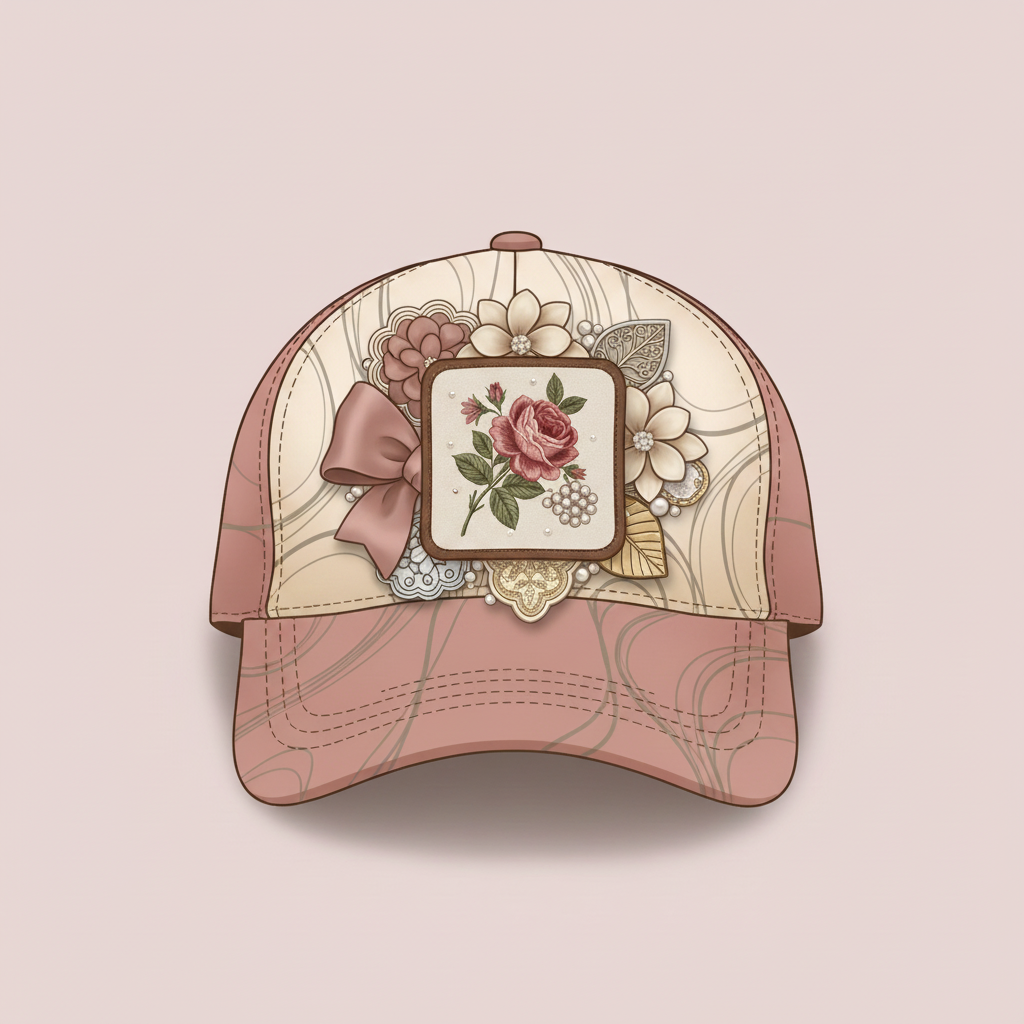 Illustrated boutique trucker hat with four to six layered feature patches