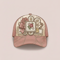 Illustrated boutique trucker hat with seven or more layered feature patches and a standard hat chain
